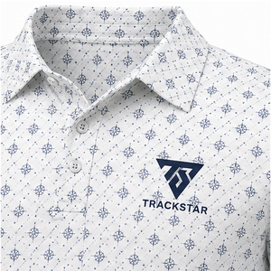 Trackstar Men's <b>White</b> Navy Geometric Print <b>Polo</b> Shirt Short Sleeve Button Collar Casual Golf <b>Top</b> Custom Logo - Product Image 6