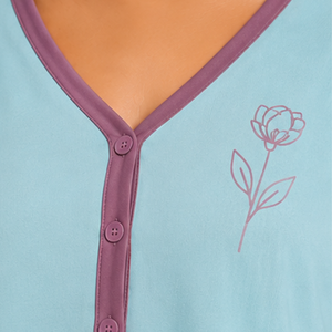 Manufacturer Sky Blue And Mauve Women Long Sleeve <b>Crop</b> <b>Pajama</b> Set Floral Embroidery Soft Cotton Knit Wide Leg Sleepwear OEM - Product Image 6