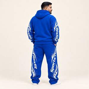 Ensemble de survêtement graphique à fermeture éclair intégrale pour homme, veste à capuche et pantalon de survêtement amples, broderie DTF personnalisée, ensemble streetwear avec impression latérale incurvée, OEM - Product Image 2