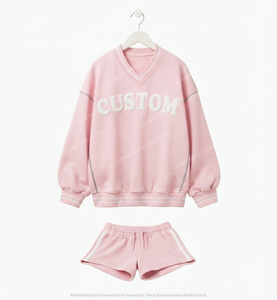 Conjunto de 2 Piezas para Mujer, Color Rosa, Suéter con Cuello en V y Pantalones Cortos por Encima de la Rodilla, Corte Holgado, Informal, Tejido de Algodón, Diseño Sólido, Transpirable y Ecológico - Product Image 4