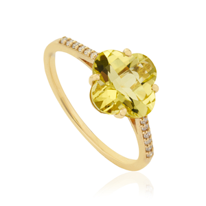 Nuevo diseño de última generación, anillo apilable minimalista con topacio limón y diamantes en forma de trébol de 9.5x9.5 mm, unisex, oro amarillo K14, joyería fina. - Product Image 3