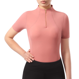 Women's Slim Fit Pink <b>Short</b> <b>Sleeve</b> Zipper Front <b>Base</b> <b>Layer</b> Top Solid Color Training Wear - Product Image 1