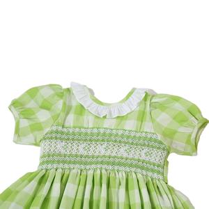 Smocked Children Clothing Girls <b>Dresses</b> For Baby Custom Design With <b>Gingham</b> <b>Green</b> Cotton Fabric Short Sleeve From Vietnam - Product Image 4