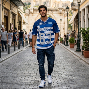 Maillot de football de Grèce unisexe à col en V, manches courtes, motif drapeau sublimé, respirant, anti-humidité, maille 100% polyester, sport - Product Image 2