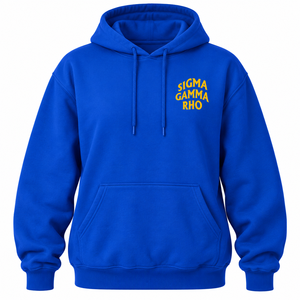 Sudadera con Capucha Azul Rey de Sigma Gamma Rho, con Letras Amarillas en el Pecho, Diseño Minimalista, Bolsillo Canguro, Ropa de Sororidad - Product Image 3