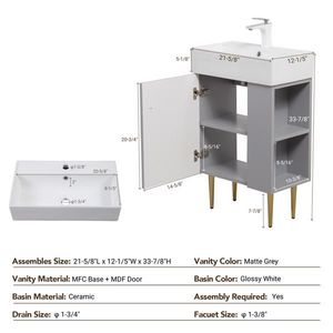Mobile bagno con ripiano aperto da 21,6 pollici, lavabo in ceramica con chiusura ammortizzata e specchio, armadietto contenitore per guardaroba a destra - Product Image 4