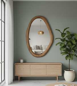 Miroir mural moderne en bois massif en forme d'œuf, miroir d'appoint ovale asymétrique avec cadre en bois, décoration esthétique pour salon, pièces de verre - Product Image 4