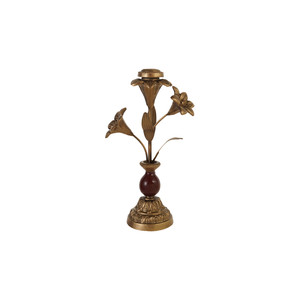 Chandelier en métal doré antique, orné d'un motif élégant de tige de lys avec un riche accent en bois et un design en relief. - Product Image 2