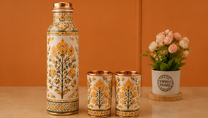 Ensemble de bouteille d'eau et de gobelet en cuivre floral moutarde de luxe, bouteille en cuivre botanique jaune artisanale avec tasses assorties, qualité supérieure - Product Image 3