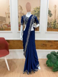 Sari prêt-à-porter en chinon, brodé de perles, pour occasions spéciales, avec blouse en chinon entièrement cousue - Product Image 5