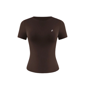 Slim Fit <b>Coffee</b> Brown Crop Top Short Sleeve Crewneck Workout Baby Tee Skinny Elastic Gym Clothing Sportswear Women's Shirts OEM - Product Image 3