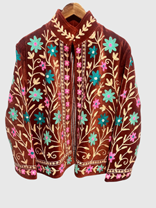 Chaqueta de Terciopelo con Bordado Floral a Mano, Manga Larga, Cuello Mandarín, Talla Grande, Estilo Prairie Chic para Mujer, Otoño - Product Image 1