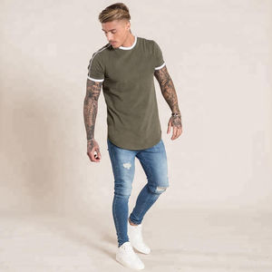 <b>Mens</b> Olive Green Crew Neck T-<b>Shirt</b> Short Sleeve White Contrast Trim Piping Casual Cotton Top Custom Logo OEM ODM Wholesale - Product Image 4