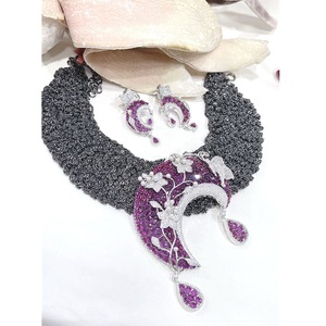 Luxury Silver Plated Moon Shape <b>Statement</b> <b>Necklace</b> Set With Purple Cubic Zirconia For Women Party Wear - Product Image 1