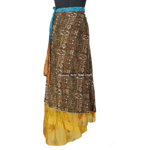 New Fabulous Two Layered Reversible New Indian Around Silk Sari Wrap <b>Skirts</b> Women Wear Vintage Silk Sari <b>Long</b> Length Wrap Around - Product Image 4