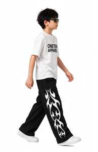 ONETEN APPAREL Kids White Crewneck T-<b>Shirt</b> Black <b>Flame</b> Joggers Streetwear Set Loose Fit Summer Cotton Outfit Boys Children - Product Image 2