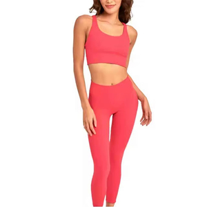 Ensemble de yoga 2 pièces pour femme : Crop top uni à col rond et dos nageur, et legging taille haute longueur intégrale, sans couture, respirant, en Spandex - Product Image 6