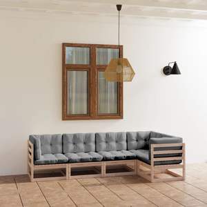 Ensemble de salon de jardin en bois naturel avec coussins gris - Product Image 1