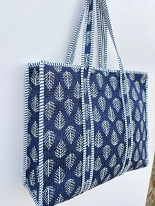 Bolsa de Mano de Algodón Azul de Diseño con Patrón de Hojas Blancas, Estilo Bohemio, Casual de Verano, con Cierre, para Compras y Viajes, para Mujer - Product Image 2