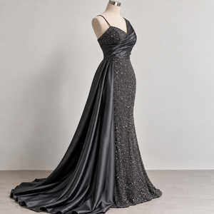 Robe de soirée moderne asymétrique en satin à sequins, longueur ras du sol, coupe princesse, épaules dénudées, antistatique, pour cérémonies et soirées formelles - Product Image 1