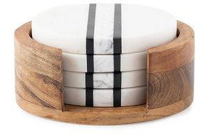 Modern <b>Round</b> Marble Coaster Set With Black Stripes In Wooden Holder Non Slip Stone <b>Mats</b> For <b>Table</b> Decoration - Product Image 1