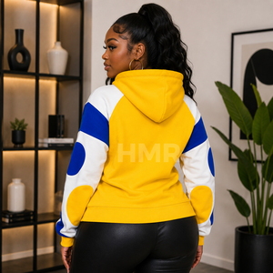 Sweat-shirt à capuche HMR Sorority Sisterhood, color-block jaune, bleu, blanc, en coton, décontracté, avec poches, coupe classique - Product Image 3