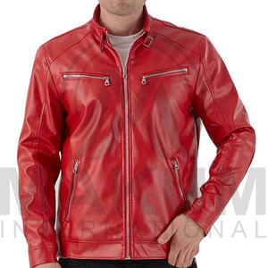 Men's <b>Red</b> Leather Motorcycle <b>Jacket</b> Slim Fit Stand Collar Zipper Closure Regular Length Moto Biker Style <b>RED</b> <b>Jacket</b> Leather - Product Image 4