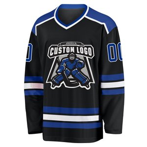 Maillot de hockey sur glace personnalisé pour homme, manches longues, noir et bleu, impression sublimée, col en V, manches complètes, uniforme d'équipe avec logo personnalisé - Product Image 1