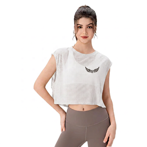 <b>Women's</b> Sleeveless Crop <b>Top</b> Crew Neck Solid Color Embroidery Logo Yoga Wear Breathable Spandex Polyester - Product Image 2