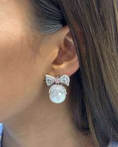 Moissanite Pearl <b>Bow</b> Earrings Oval Cut Pink 10K 14K 18K Gold 925 935 Silver Rhodium Plated Wedding <b>Gift</b> Fine Jewelry - Product Image 2