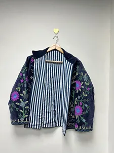 เสื้อแจ็คเก็ตกำมะหยี่สีน้ำเงินกรมท่าปักลายซูซานีสำหรับผู้หญิง  ลายดอกไม้ แขนยาว คอตั้ง สไตล์โบฮีเมียน เสื้อคลุมสำหรับฤดูใบไม้ร่วง - Product Image 2