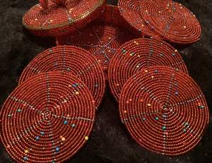Red Beaded Coasters with Holder Eco-Friendly Customizable Polyester/Cotton Set of 6 Festive Tableware - Product Image 3
