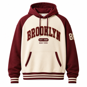 Sweat-shirt à capuche unisexe Brooklyn brodé, pull-over bordeaux et crème avec logo imprimé sur le devant, pour adulte - Product Image 1