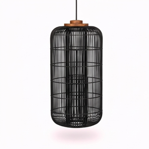 Modern <b>Black</b> Rattan Bamboo Pendant Light Cylinder <b>Lantern</b> Chandelier Ceiling Lamp For Living Room Hotel Bali Handcrafted Fixture - Product Image 1