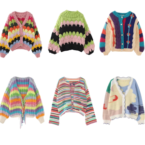 Cárdigan de Punto Colorido para Mujer, Cuello en V, Manga Larga, Estilo Bohemio, Manga Abullonada, Suéter de Invierno, 100% Acrílico, Cierre de Botones - Product Image 1