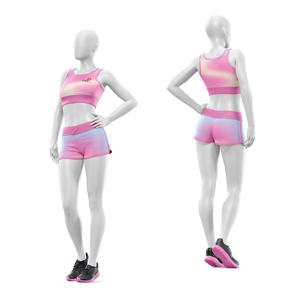 Customized Wholesale Eco Friendly Lightweight Mid Waisted Active Stretch 2 Piece Yoga Set Printed Front Logo Sports Bra & Shorts