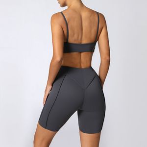Ensemble de sport deux pièces uni pour femme, haut court à fines bretelles et short taille haute, tenue de yoga sans couture extensible dans les quatre sens - Product Image 2