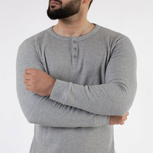 <b>Men's</b> Gray Waffle Knit Long Sleeve <b>Henley</b> <b>Shirt</b> Casual Regular Fit Pullover Top - Product Image 6
