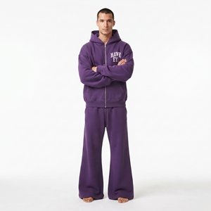 Conjunto deportivo de dos piezas de alta calidad, 100% algodón polar, personalizado, con sudadera con cremallera completa y pantalones jogger de pierna ancha para hombre. - Product Image 6
