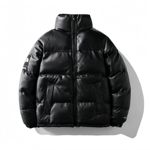 Blouson Bomber Unisexe en Cuir PU Écologique Imprimé en Relief, Col Rabattu, Fermeture Éclair, Coupe Courte Décontractée, Couleur Unie, Automne - Product Image 1