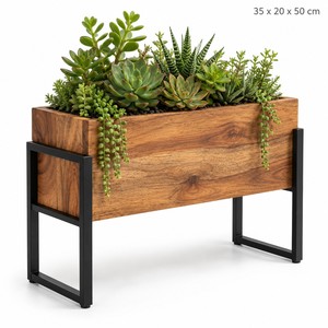Aqdus Saleem, boîte à plantes rectangulaire en bois d'acacia artisanal avec support en fer |   Porte-pot de fleurs d'extérieur au design minimaliste - Vente en gros - Product Image 1