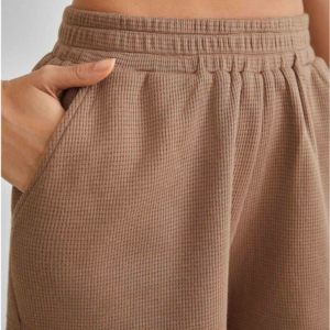 Shorts de Cintura Alta de Lona Tejida con Detalle de Botones, Color Sólido, Transpirables, Cintura Elástica, Casuales para Mujer - Product Image 3