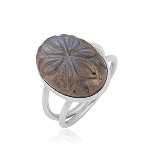 Natural Labradorite Carved Flower Gemstone 925 Sterling Silver Statement Ring Handmade Floral Oval Labradorite Ring for Women - Product Image 1