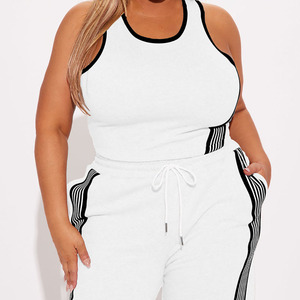Custom Logo Women's <b>White</b> Solid 2Piece Sporty <b>Set</b> Sleeveless Crop Top Wide Leg Pants With Black Stripes Breathable Worsted <b>Set</b> - Product Image 4