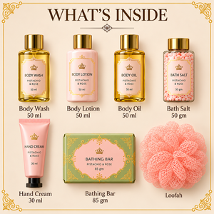 Ensemble Essentiel Bain & Corps OEM/ODM 7-en-1 – Coffret Cadeau Pistache & Rose – Parfum et Design d'Emballage Personnalisables – Lait Lavant, Sel, Huile - Product Image 2