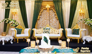 Sofá y sillas de decoración de escenario Nikkah musulmán, conjunto de sofá de escenario de boda con tema marroquí, muebles de boda tallados pulidos dorados - Product Image 5