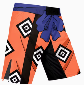 Pantalones cortos de MMA naranja para hombre con estampado floral y geométrico azul, de secado rápido, para artes marciales mixtas, corte regular - Product Image 1