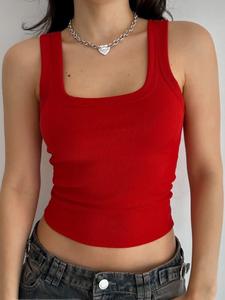เสื้อกล้ามคอเหลี่ยมผ้าฝ้ายสีแดงสดใส แต่งลายริบบิ้น สำหรับผู้หญิง ใส่ในฤดูร้อน เสื้อซับในแบบพื้นฐาน สไตล์สตรีทแวร์ - Product Image 1