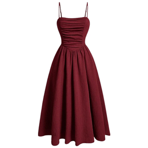 Vestido Midi con Tirantes Finos y Corte en A para Mujer, Color Sólido, Cintura Fruncida, Estilo Casual de Verano, Vestido de Poliéster Tejido - Product Image 5