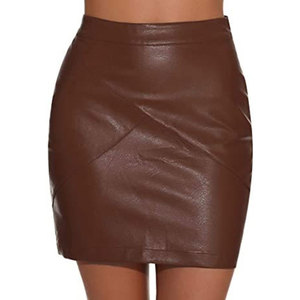 Women's <b>Brown</b> Faux Leather High Waist Mini <b>Pencil</b> <b>Skirt</b> Shiny Solid Design All Seasons Sexy Style - Product Image 5